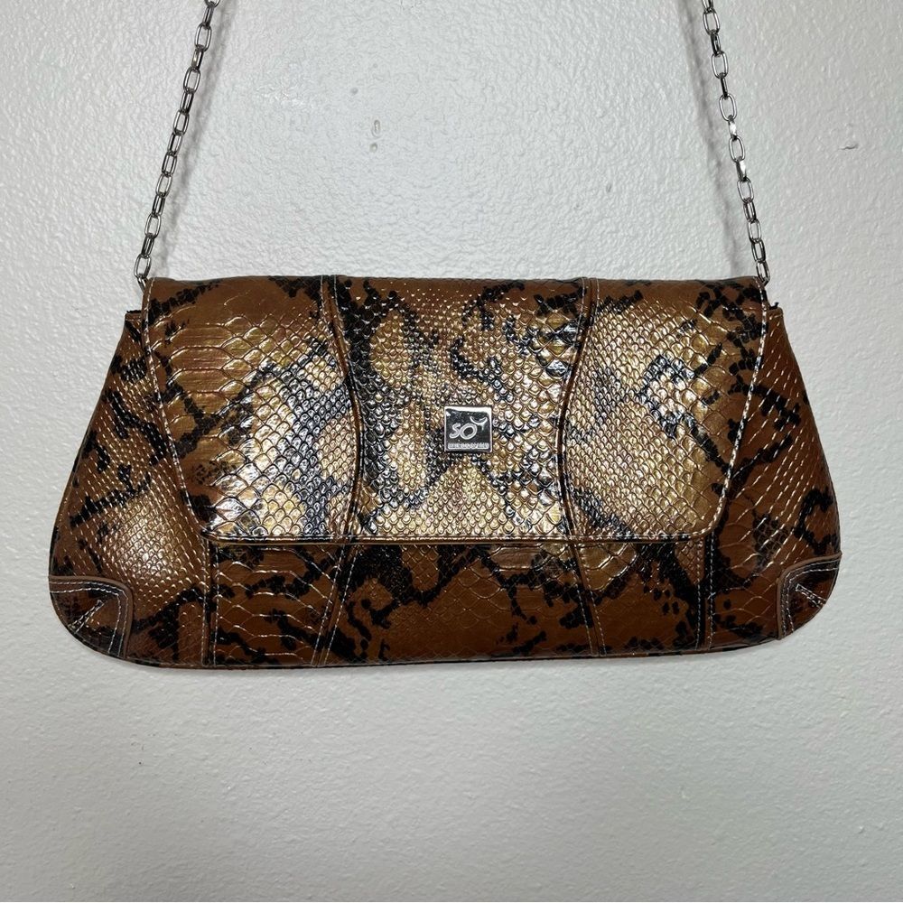 Maurizio Spagni Metallic Copper Reptile Trapezoid Chain Shoulder Bag Clutch